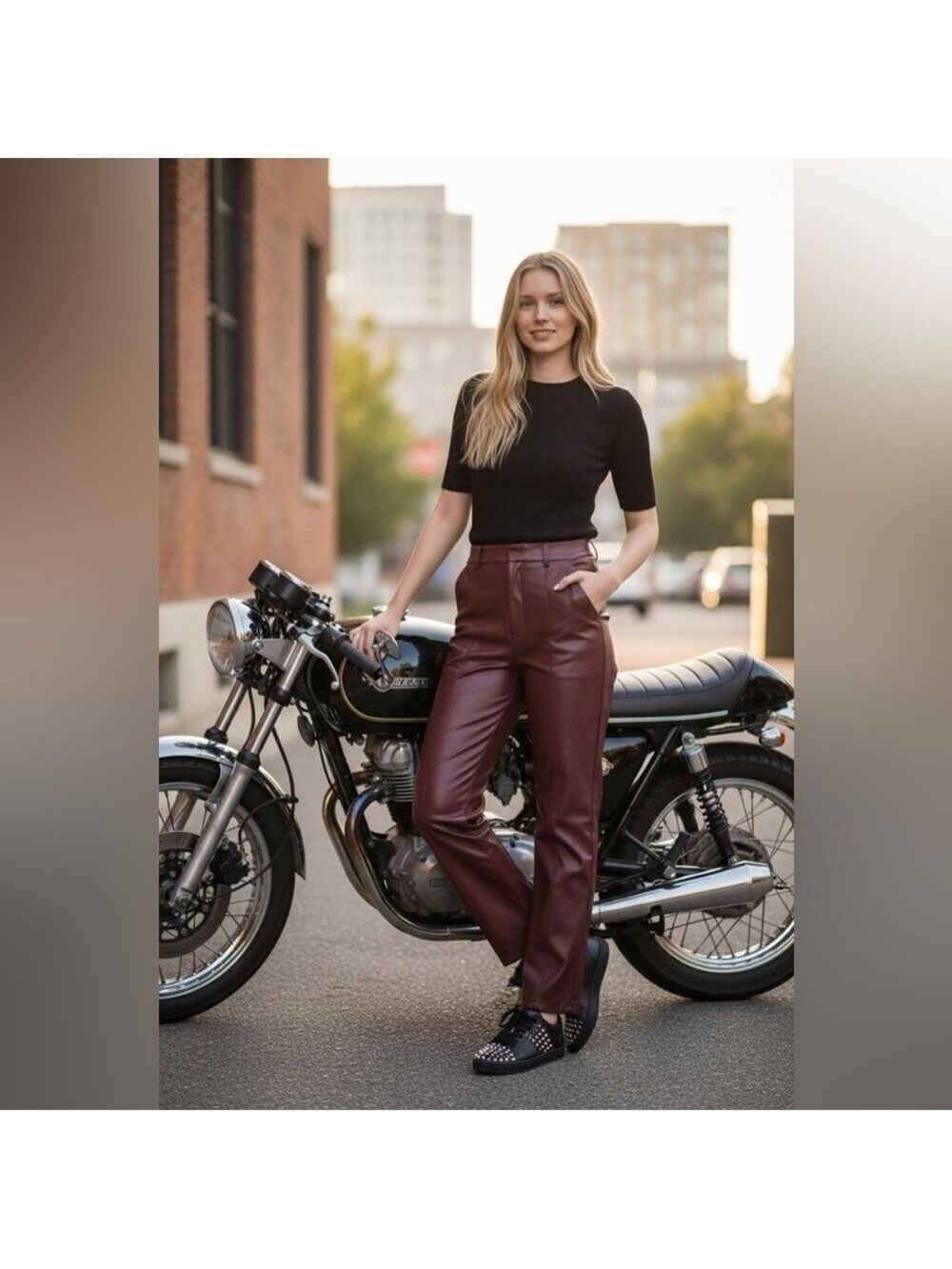 Commense Burgundy Faux Leather High Waist Wide Leg Pants Extra Small NWT
